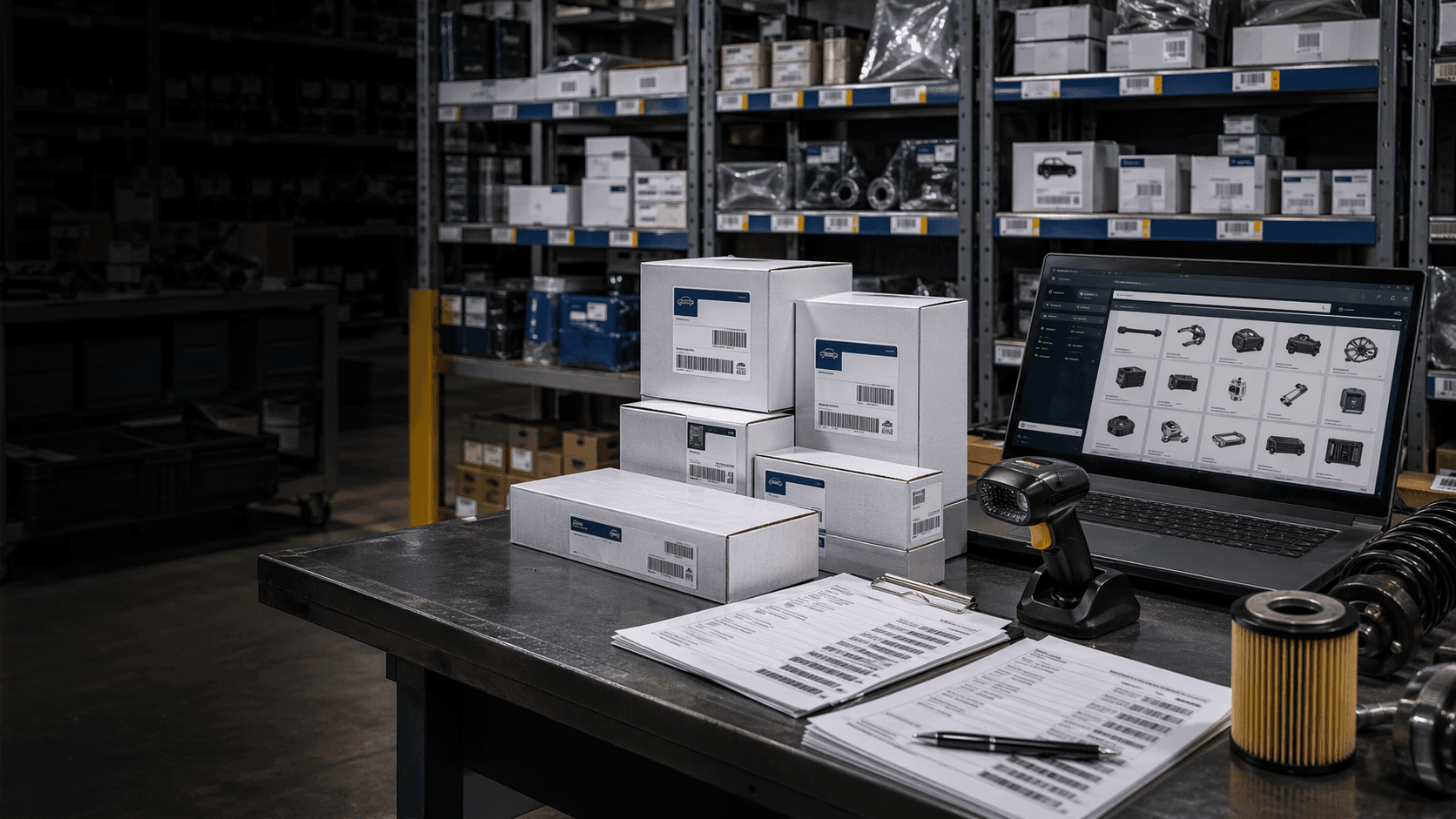 Organized automotive parts warehouse intake station